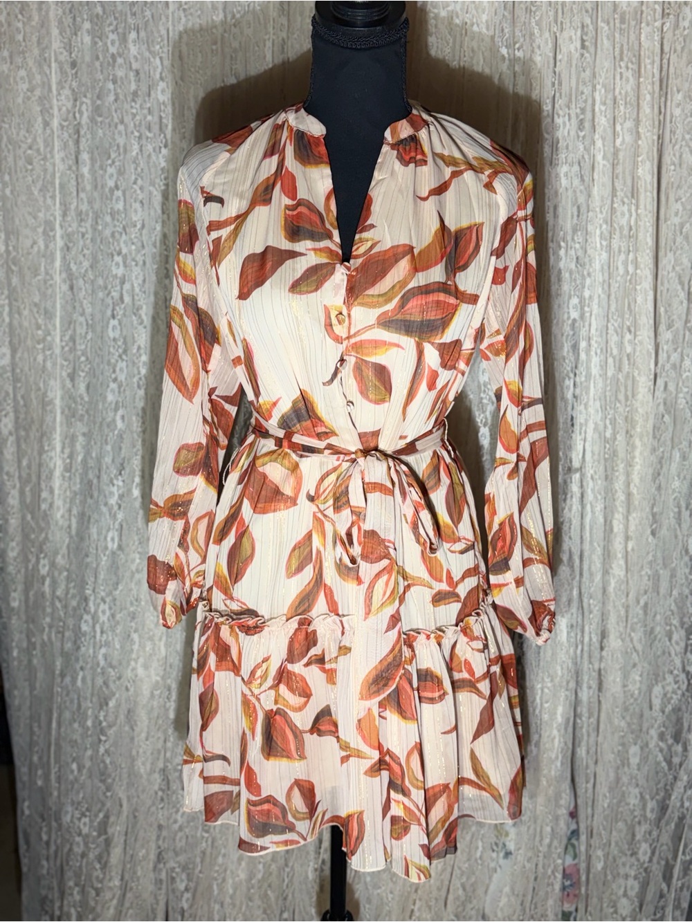 Adelyn Rae Cream Floral Tie-Waist Long Sleeve Dress